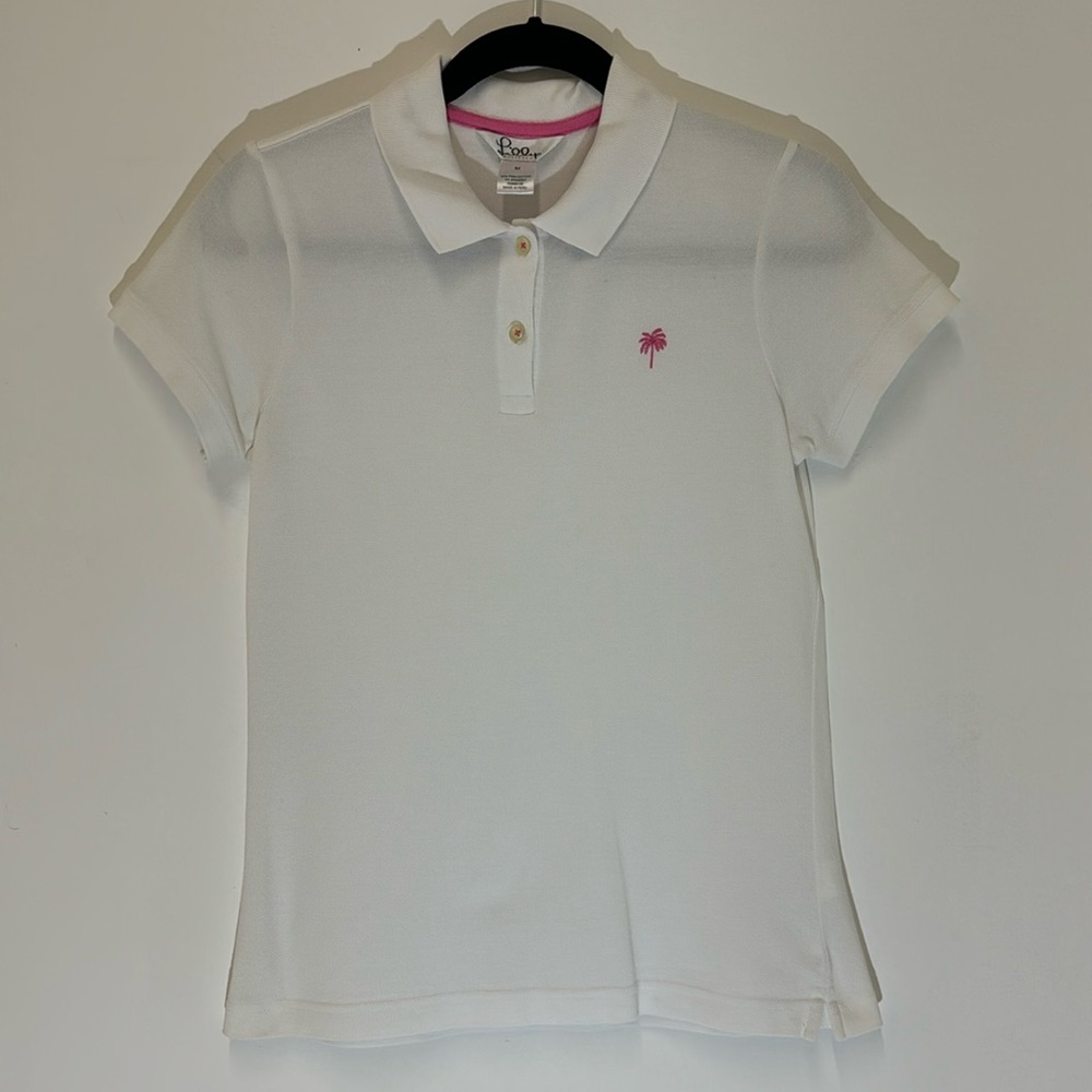Lilly Pulitzer White Short-Sleeve Polo with Pink Palm Embroidery